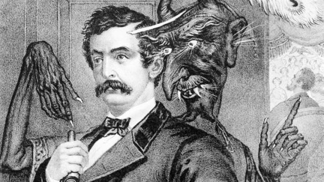 Lithograph of a demon tempting John Wilkes Booth, created by John McGee in 1865.