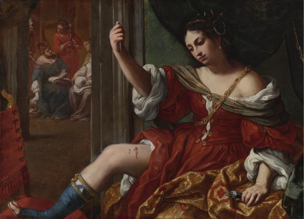 Elisabetta Sirani, Portia Wounding her Thigh, 1664, oil on canvas, 101 x 138 cm (Collezioni d’Arte e di Storia della Fondazione della Cassa di Risparmio, Bologna)