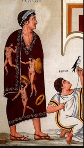 Detail of a man wearing a "toga picta" a painted toga, presented to generals after a successful battle.